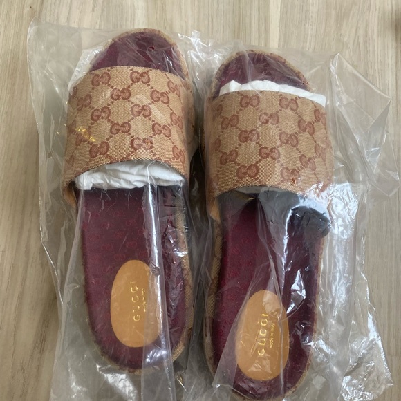 Canvas GG Monogram Angelina Platform Slide Sandals 41 Beige Ruggine - Picture 8 of 11